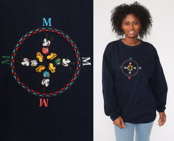Mickey & Co Sweatshirt Walt Disney Mickey Mouse Sweater 90s Kawaii Disneyland Shirt Navy Blue Cartoon 90s Vintage Retro Medium Large