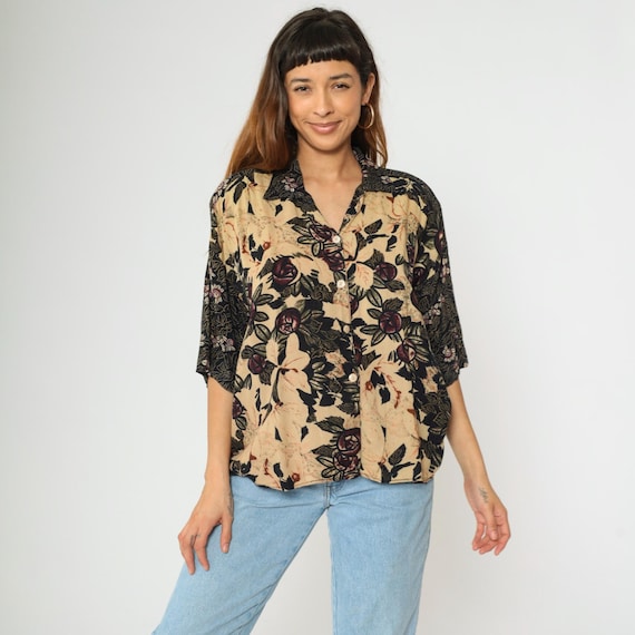 Y2K Floral Blouse M Button Up Shirt Black Tan Flower Print Short Sleeve Top Rayon Collared Retro Preppy Summer Vintage 00s Oversized Medium