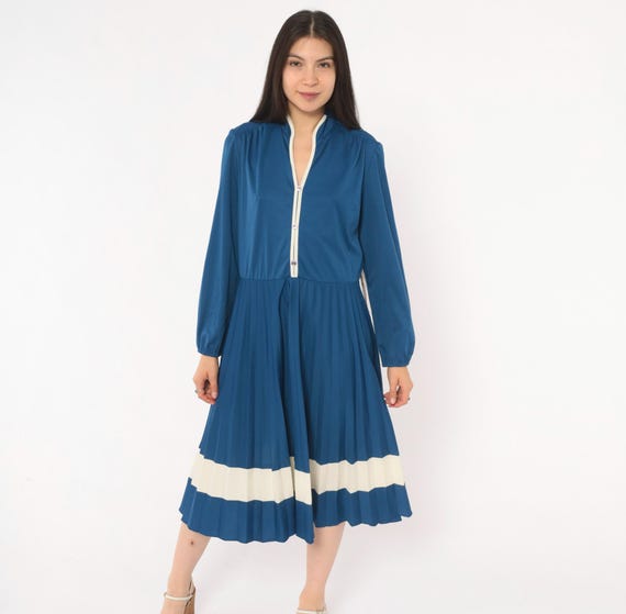 70s Blue Pleated Dress Button Front Stand Collar Stripe Hem Long Sleeve Balloon Cuff Navy Cobalt Vintage Collegiate Preppy Style Large L