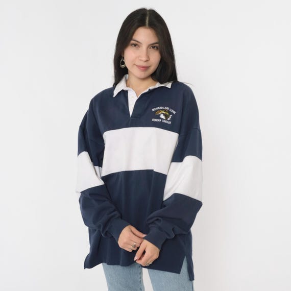 Vintage Rugby Shirt 90s Maynard Lake Lodge Navy Blue White Striped Color Block Long Sleeve Collared Pullover Embroidered Fish Logo Large L