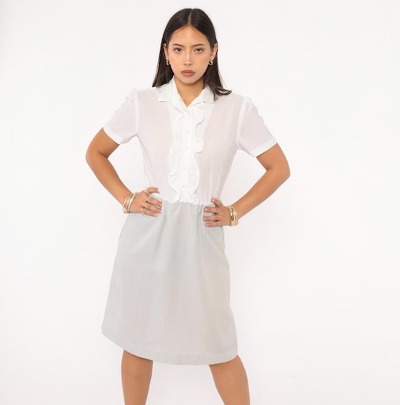 80s Ruffle Shirtdress Blouse Dress White Collar Pinstripe Feminine Coquette Office Two Tone Vintage Light Academia Nerdcore Small To Medium