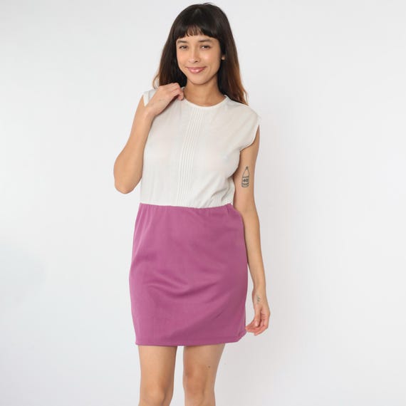 Vintage 80s Dress Purple White Sleeveless Color Block Pintucked Mini Dress Embroidered Basic Minidress Plain 1980s Small Medium Petite