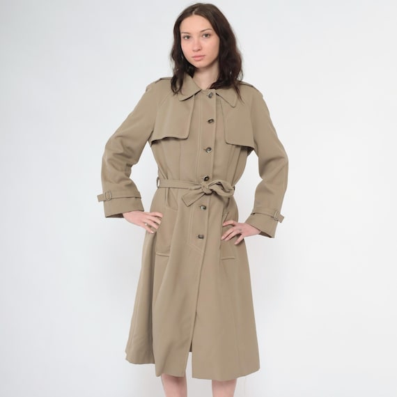 70s Trench Coat Taupe Storm Flap Belted Button Up Midi Jacket Retro Single Breasted Epaulette Tailored Raglan Sleeve Vintage 1970s Small S