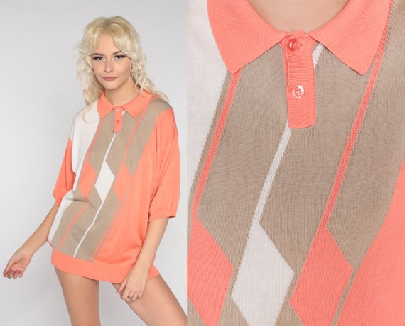 90s Polo Shirt Orange Silk Knit Striped Shirt Banded Hem Collared Quarter Button Up Top Short Sleeve Vintage 1990s Retro Taupe White Large L