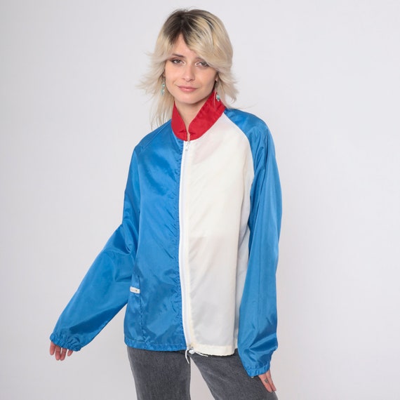 80s Baseball Windbreaker Jacket Blue White Color Block Raglan Sleeve Vintage 1980s Zip Up Nylon Shell Jacket Red Collar Medium