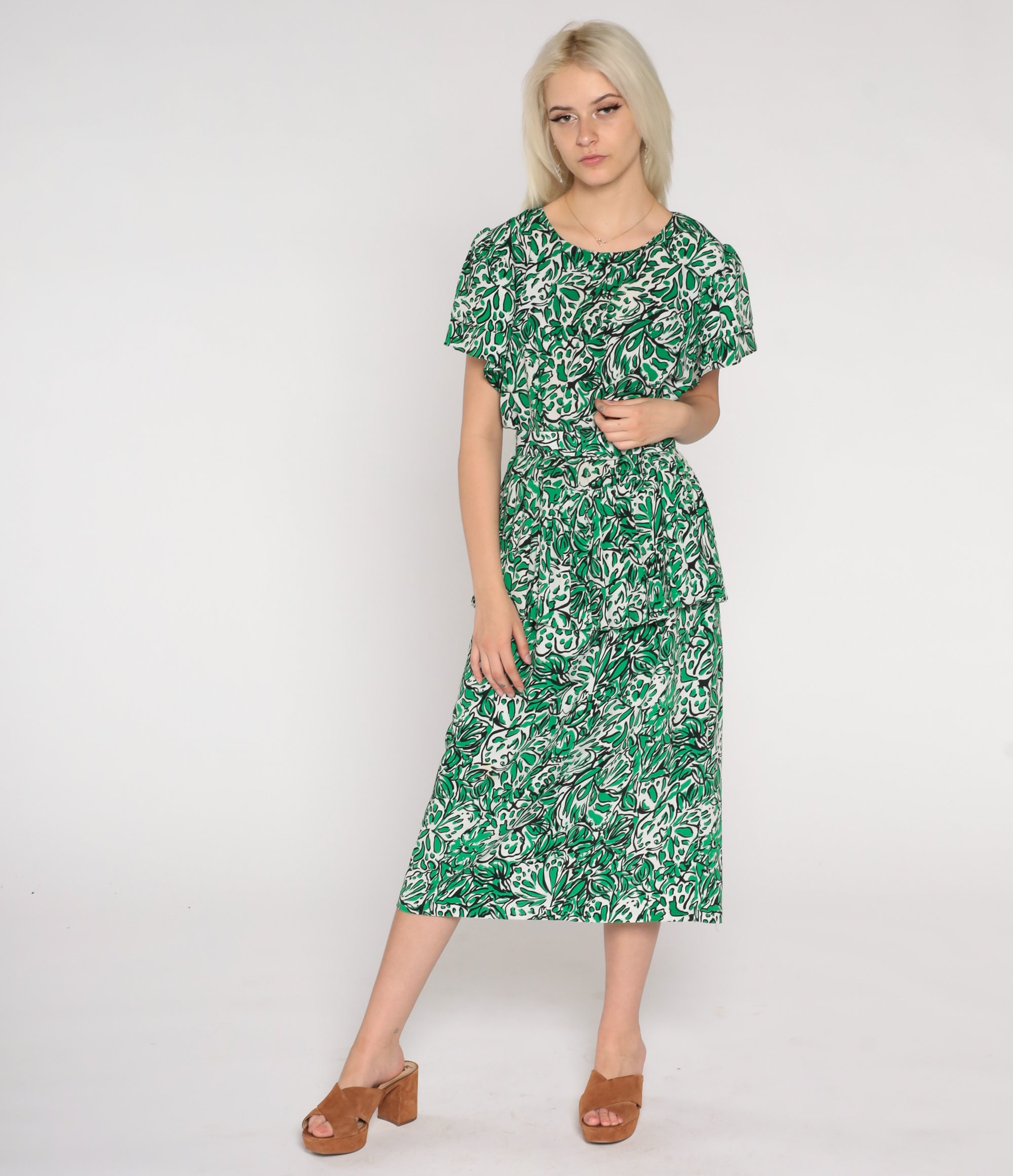 Peplum Midi Dress 80s Secretary Dress Green Abstract Leaf Print Belted ...