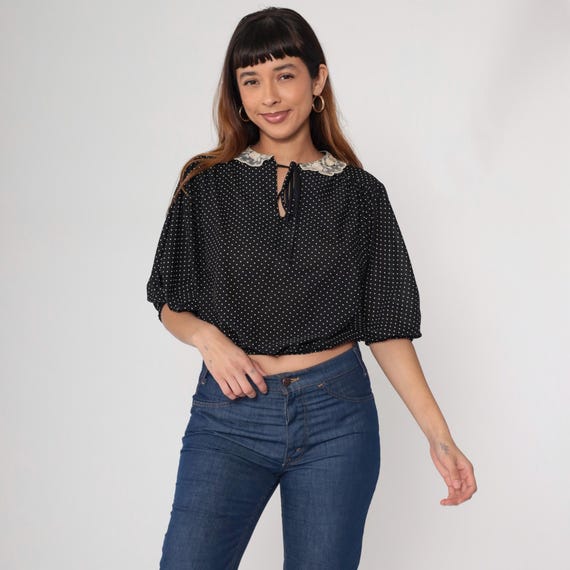 Lace Collar Blouse 70s Polka Dot Black White Vintage Puff Sleeve Cropped Top Keyhole Peter Pan Collar Cottagecore Prairie Romantic Small S