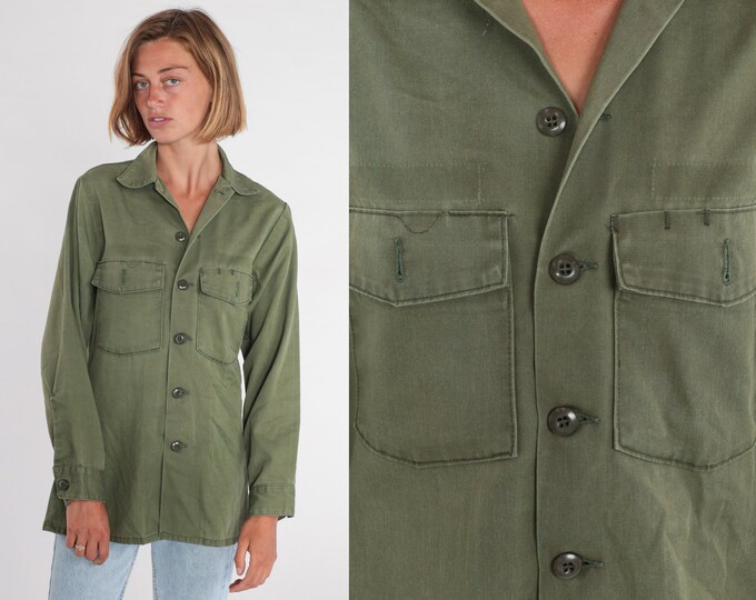 Green Army Shirt 80s Military Style Button up Shirt Retro Collared Chest Pocket Long Sleeve Army