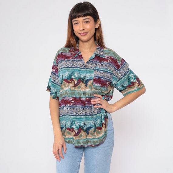 Geometric Leaf Shirt 90s Button up Blouse Striped Flower Print Top Short Sleeve Hippie Indian Floral Blue Red Retro Vintage 1990s Medium M