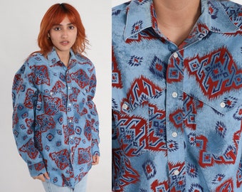 Wrangler Southwest Shirt Blue Button Up 90s Western Shirt Southwestern Shirt Geometric Red 1990s Vintage Long Sleeve Men's 17 35