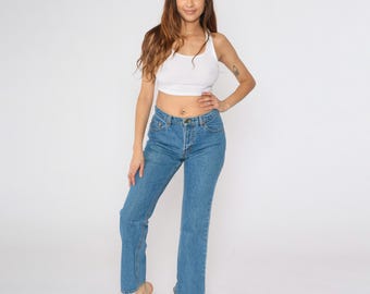 Pantalones vaqueros Jordache vintage de los años 90 con corte acampanado y tiro alto, pantalones vaqueros azules con corte acampanado, vaqueros de los años 90, talla pequeña 28