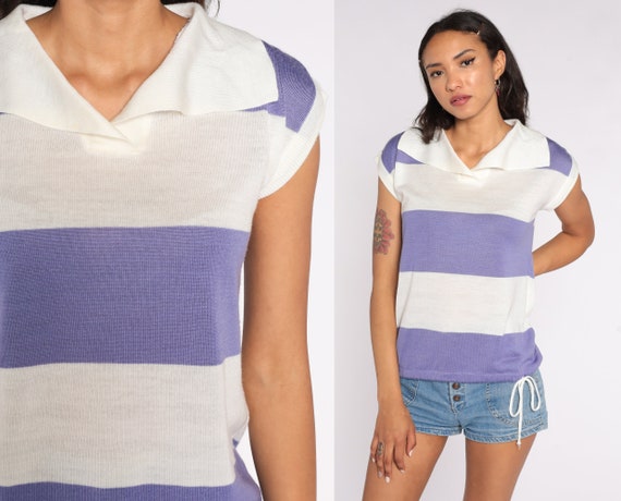 70s Striped Shirt Purple 80s Retro Shirt Drawstring Waist Shirt Knit Cap Sleeve Top Vintage 1970s Blouse Short Sleeve Small Medium