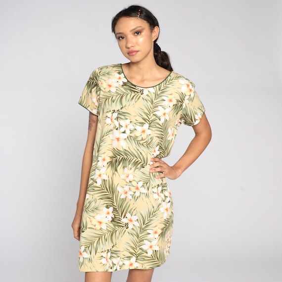 90s Floral Dress Hawaiian Tropical Mini Dress Flower Print Summer Dress Boho 1990s Bohemian Vintage Shift Short Sleeve Yellow Medium