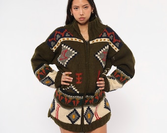 90s Southwestern Zip Cardigan Ecuadorian Olive Wool Knit Red Cream Sweater Jacket Folk Art Cowichan Style Forest Green  Extra Large XL