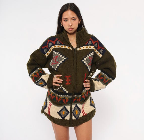 90s Southwestern Zip Cardigan Ecuadorian Olive Wool Knit Red Cream Sweater Jacket Folk Art Cowichan Style Forest Green  Extra Large XL