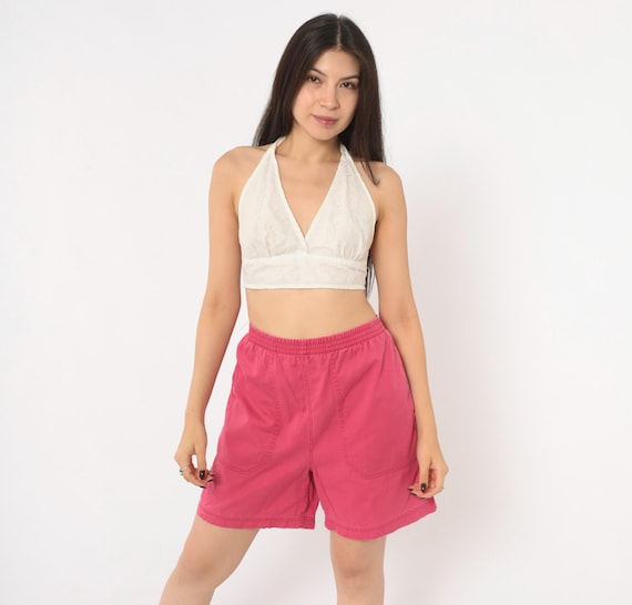 90s Eddie Bauer Pink Shorts High Waist Elastic Cotton Fuchsia Magenta Summer Beach Wide Leg Baggy Preppy Hiking Mom Womens Vintage Medium M