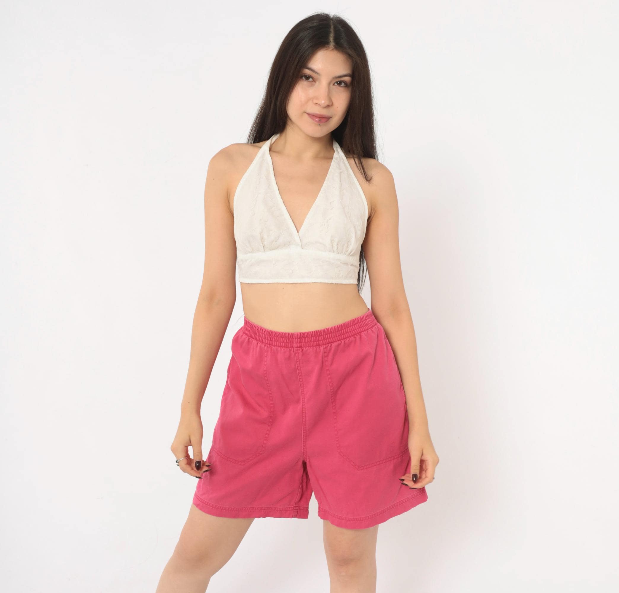 90s Eddie Bauer Pink Shorts High Waist Elastic Cotton Fuchsia