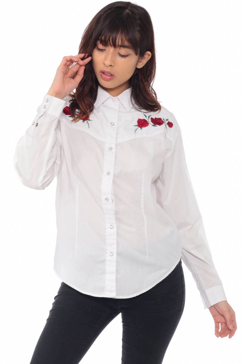 Western Rose Shirt EMBROIDERED 80s Pearl Snap Shirt Floral ...