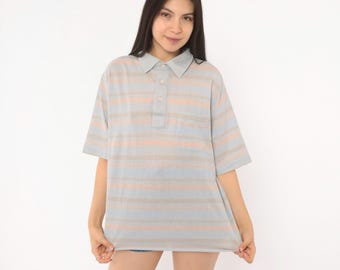 80s Striped Polo Knights Bridge Grey Peach Cotton Short Sleeve Chest Pocket Casual Preppy Grandpa Golf Shirt Coral Vintage Extra Large XL