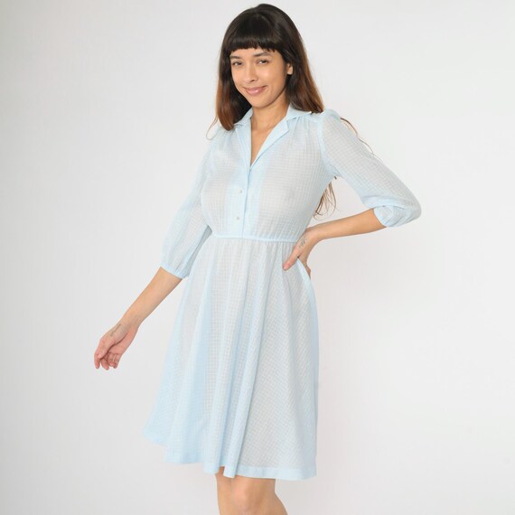 Vintage Sheer Baby Blue Dress 70s Puff Sleeve Midi Pearl Button Up High Waisted Checkered Grid Pattern Secretary 1970s Small