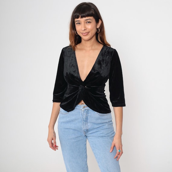 Black Velvet Top Y2K Deep V Neck Twisted Front Three Quarter Sleeve Blouse Vintage 90s Minimalism Soft Feminine Coquette Fashion Medium M