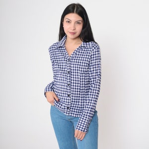 Blue Gingham Shirt 80s Plaid Top Checkered Blouse Long Sleeve Button Up 1980s Plaid Princess Seam Collared V Neck Vintage Small S