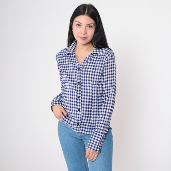 Blue Gingham Shirt 80s Plaid Top Checkered Blouse Long Sleeve Button Up 1980s Plaid Princess Seam Collared V Neck Vintage Small S