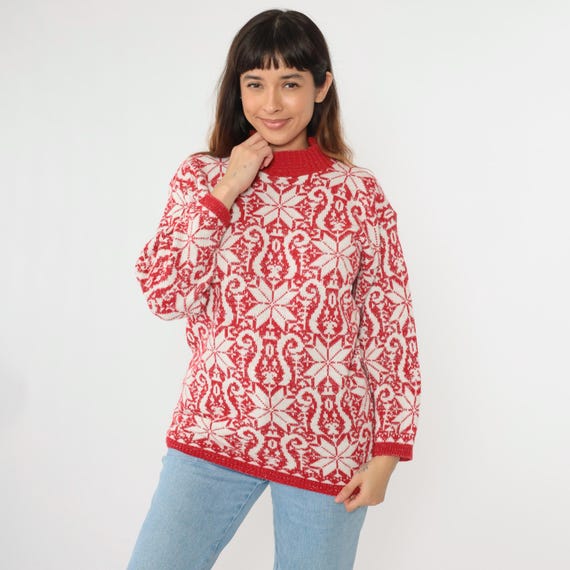 Vintage Snowflake Sweater 80s 90s Sparkly Metallic Knit Pullover Sweater Red White Christmas Mock Neck Fair Isle Geometric 1990s Medium