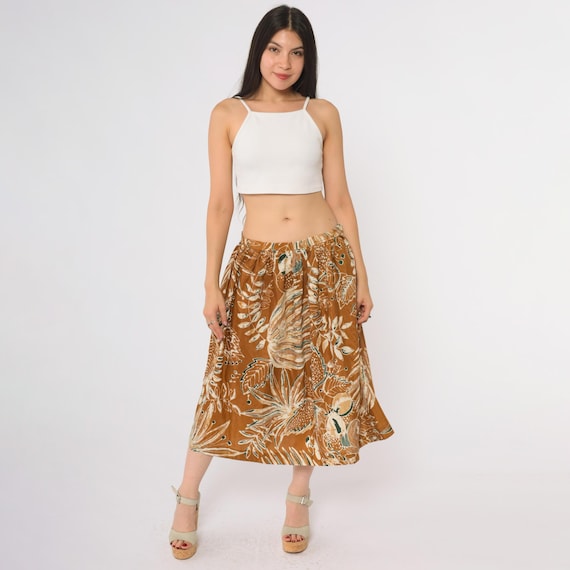 80s Tropical Skirt Rust Orange Botanical Print Midi Vintage Resort Wear Hawaiian Style Elastic Waist Summer Vacation Large L 14