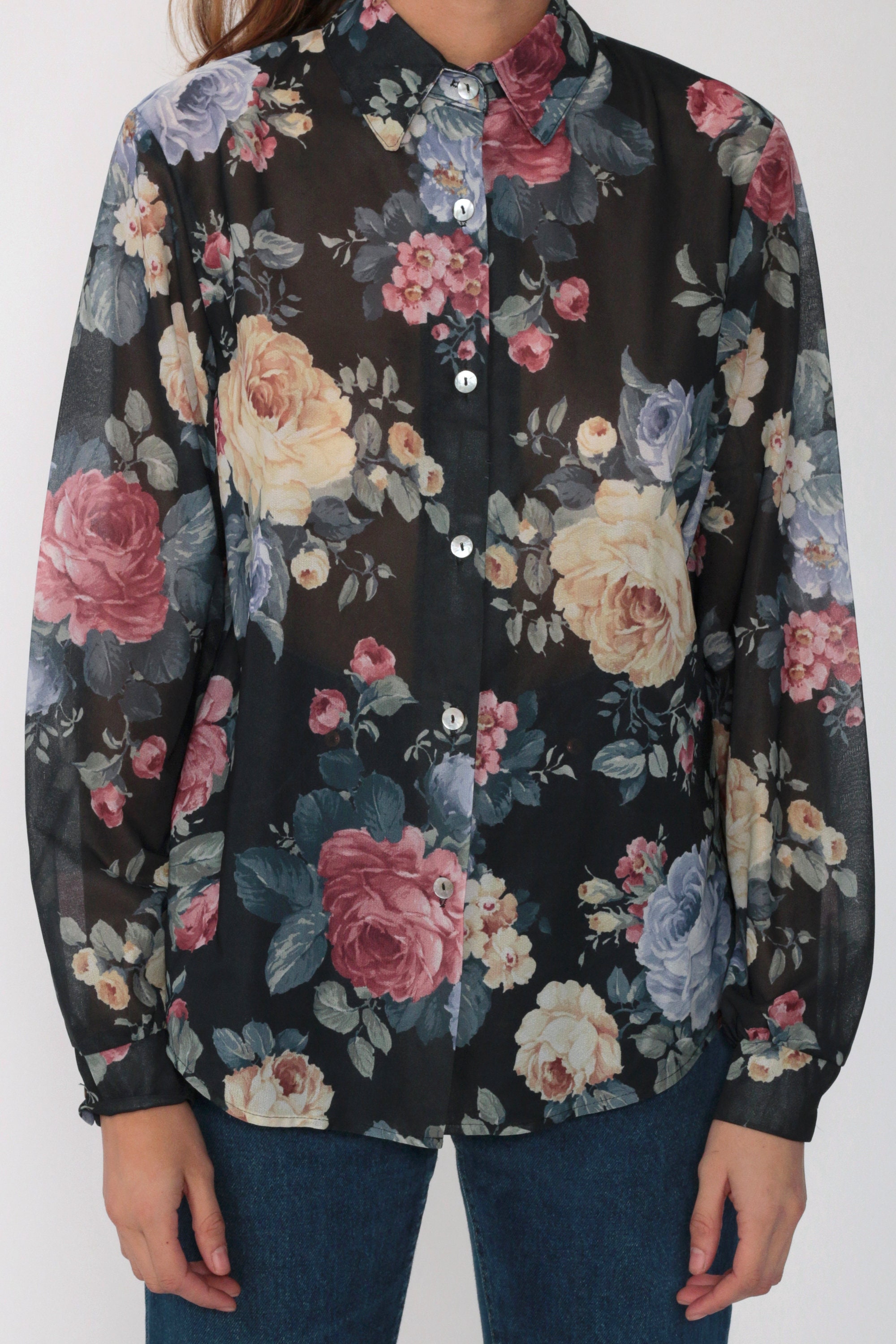 90s Rose Blouse Button Up Shirt Sheer Floral Blouse Black Flower Print Long Sleeve Top Clueless 