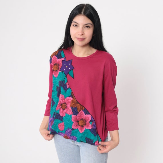 Pink Floral Top 90s Long Sleeve Shirt Pearl Beaded Flower Print Colorblock Boho Blouse Casual Hippie Green Purple Vintage 1990s Medium M