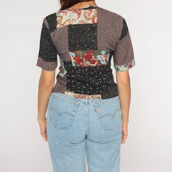 80s Patchwork Blouse Cropped Black Brown Cream Fl… - image 7