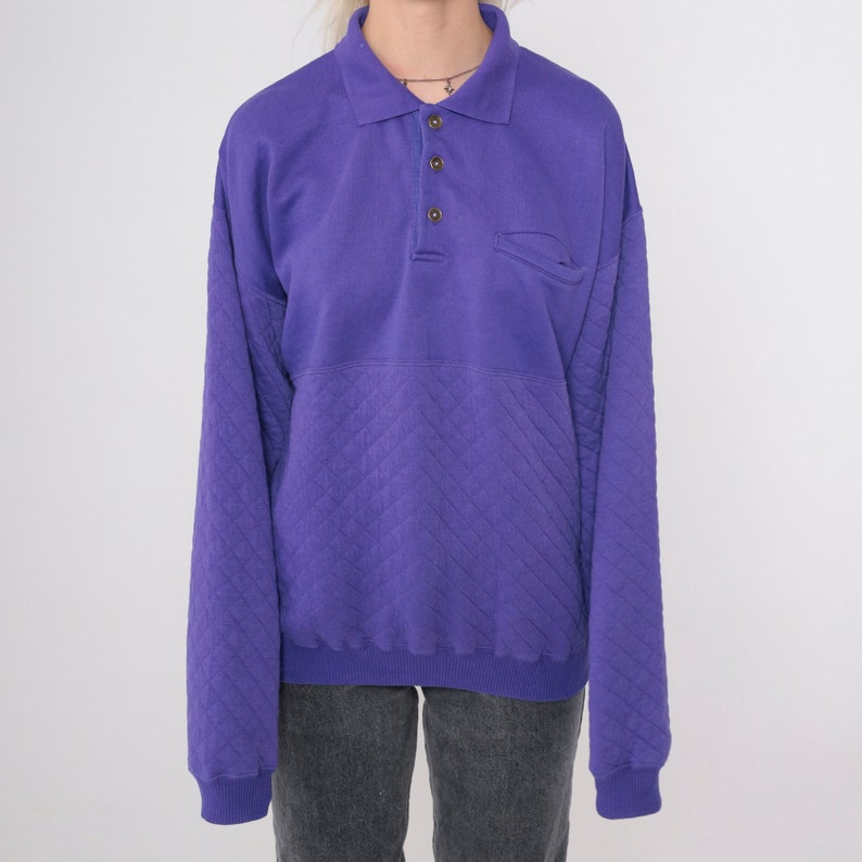 Quilted Purple Sweatshirt 90s Sweatshirt Plain Polo Pullover Sweater Long Sleeve Solid Basic Streetwear Vintage 1990s Medium Large image 6