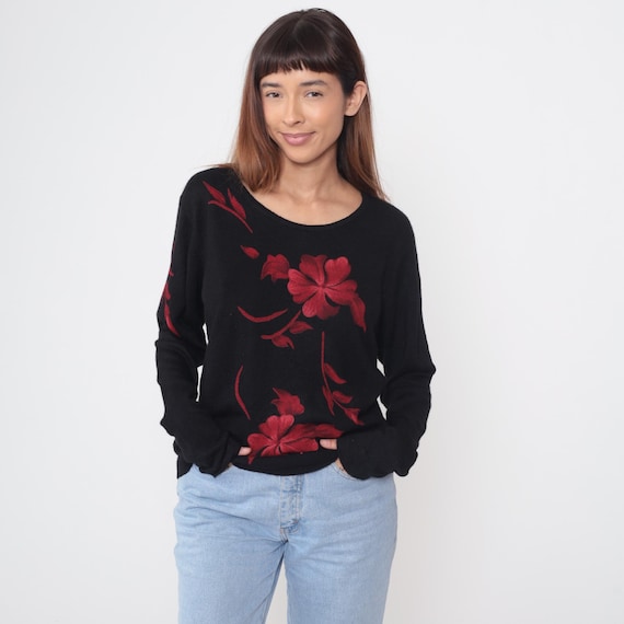 Y2K Floral Sweater Red Hibiscus Black Scoop Neck Cotton Acrylic Vintage Tropical Goth Grunge Whimsigoth Layering Alternative Winter Medium M