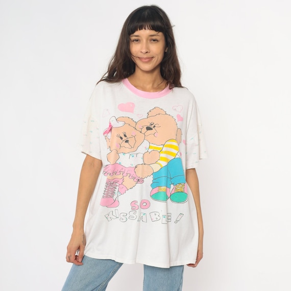 Teddy PJ Shirt 90s Nightshirt Cotton Sleep Tee Bear Cartoon Pink Collar Sleepwear Vintage Pajama Top Loungewear Short Sleeve One Size Large