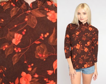 90s Floral Blouse Brown Asian Inspired Shirt Mandarin Collar Top 3/4 Sleeve Orange Flower Print Bohemian Vintage 1990s Extra Small xs