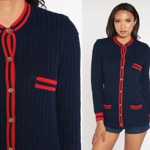 70er Cardigan I Magnin Sweater Navy Blau Retro Button Up Sweater Rot Strick Ausgestattet Sweater Boho Seventies Strick Vintage 1970s Preppy Small