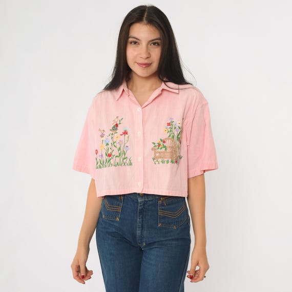 Floral Embroidered Blouse 90s Pink Gingham Bird Garden Button Up Shirt Cropped Short Sleeve Top Gardener 1990s Vintage Checkered 18W
