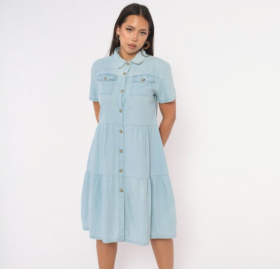 90s Denim Shirt Dress Light Blue Chambray Tiered Cotton Button Front Collared Short Sleeve Jean Shirtdress Babydoll Cottagecore Small S