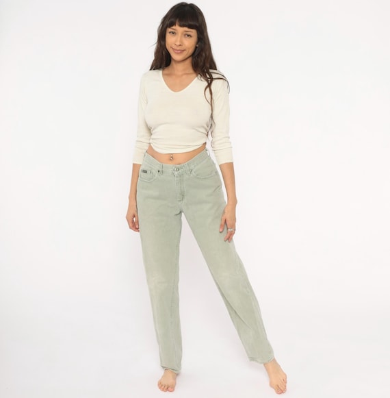 Sage Green Mom Jeans 90s Riders Denim High Waisted Straight Leg Pants Cotton Mint Tapered Vintage Trousers Olive Faded Wash 1990s Waist 30