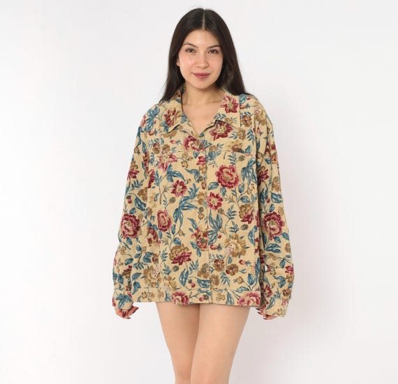 Floral Corduroy Jacket 2000s Tan Button Front Shirt Burgundy Blue Botanical Print Cotton Shacket Notched Collar Plus Size Three X 3X