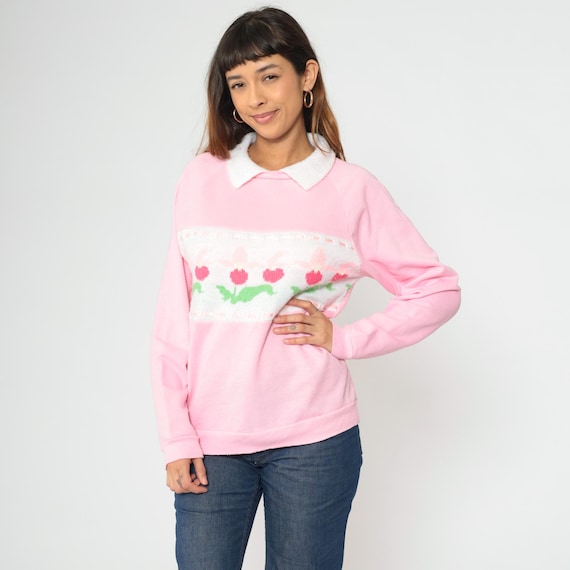 Vintage Pink Floral Sweatshirt 80s White Knit Collar Raglan Sleeve Ribbon Trim Pullover 1980s Slouchy Kawaii Graphic Medium