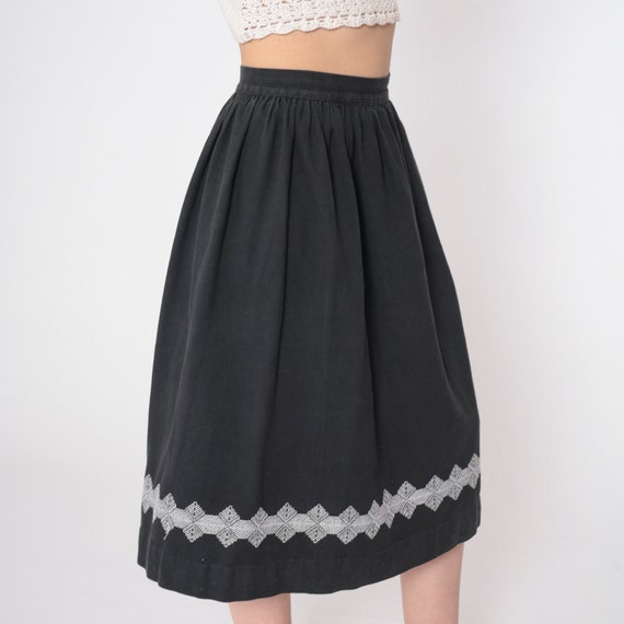 Black Midi Skirt 60s Pleated Skirt White Geometric Embroidered High Waisted Retro Sixties Summer Day Cotton Vintage 1960s Extra Small xs