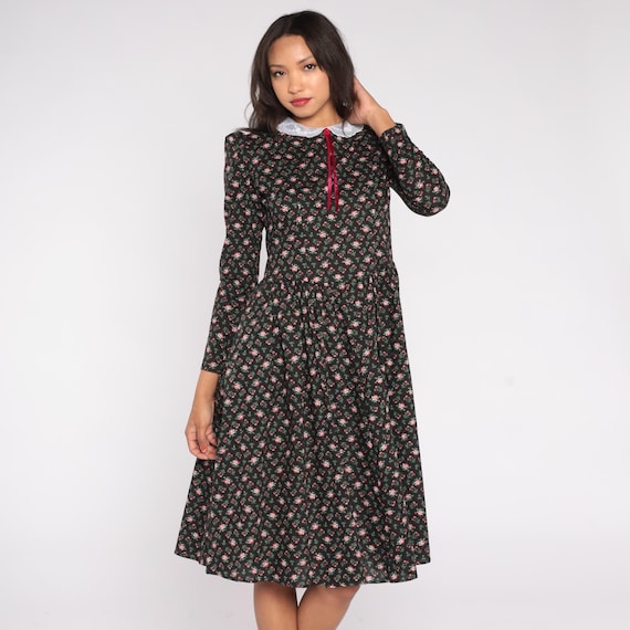 70s Gothic Prairie Floral Dress Lace Collar Ribbon Bow Long Sleeve Cottagecore Dark Academia Rose Print Fit And Flare Romantic Medium M