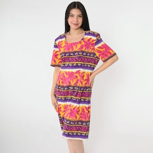 Bright Floral Striped Dress 90s Vintage Shift Dress Short Sleeve Retro 1990s MiniDress Retro Tropical Print Scoop Neck Large 12