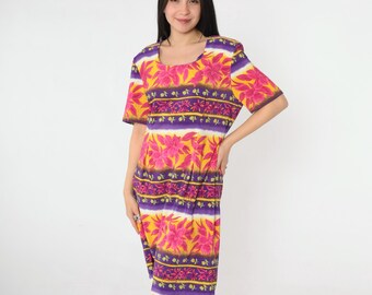 Robe rayée fleurie lumineuse des années 90, robe droite vintage à manches courtes Minirobe rétro des années 90, imprimé tropical rétro, encolure dégagée Large 12