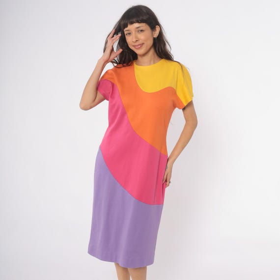 80s Colorblock Midi Dress Pink Yellow Orange Purple Abstract Geometric Print Short Sleeve Cotton Vintage Bright Bold Neon Shift Medium M