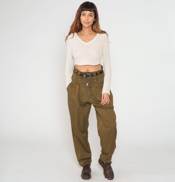 Distressed Green Pleated Trousers 90s High Waisted Olive Brown Hem Elastic Waist Relaxed Fit Vintage Streetwear Gorpcore Nerd Utility Large