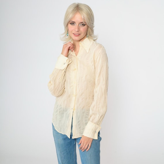 70s Sheer Cream Disco Blouse Vintage Semi-Sheer Button Up Shirt Dagger Collar Long Sleeve Seventies Spring Boho Hippie 1970s Small S