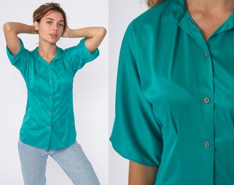 Chemise vert sarcelle--chemise boutonnée vintage des années 80, chemisier rétro des années 80, chemisier basique uni à manches courtes, petit